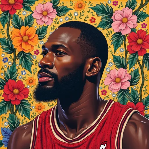 Prompt: Kehinde Wiley art style Michael Jordan with flowers as a background
