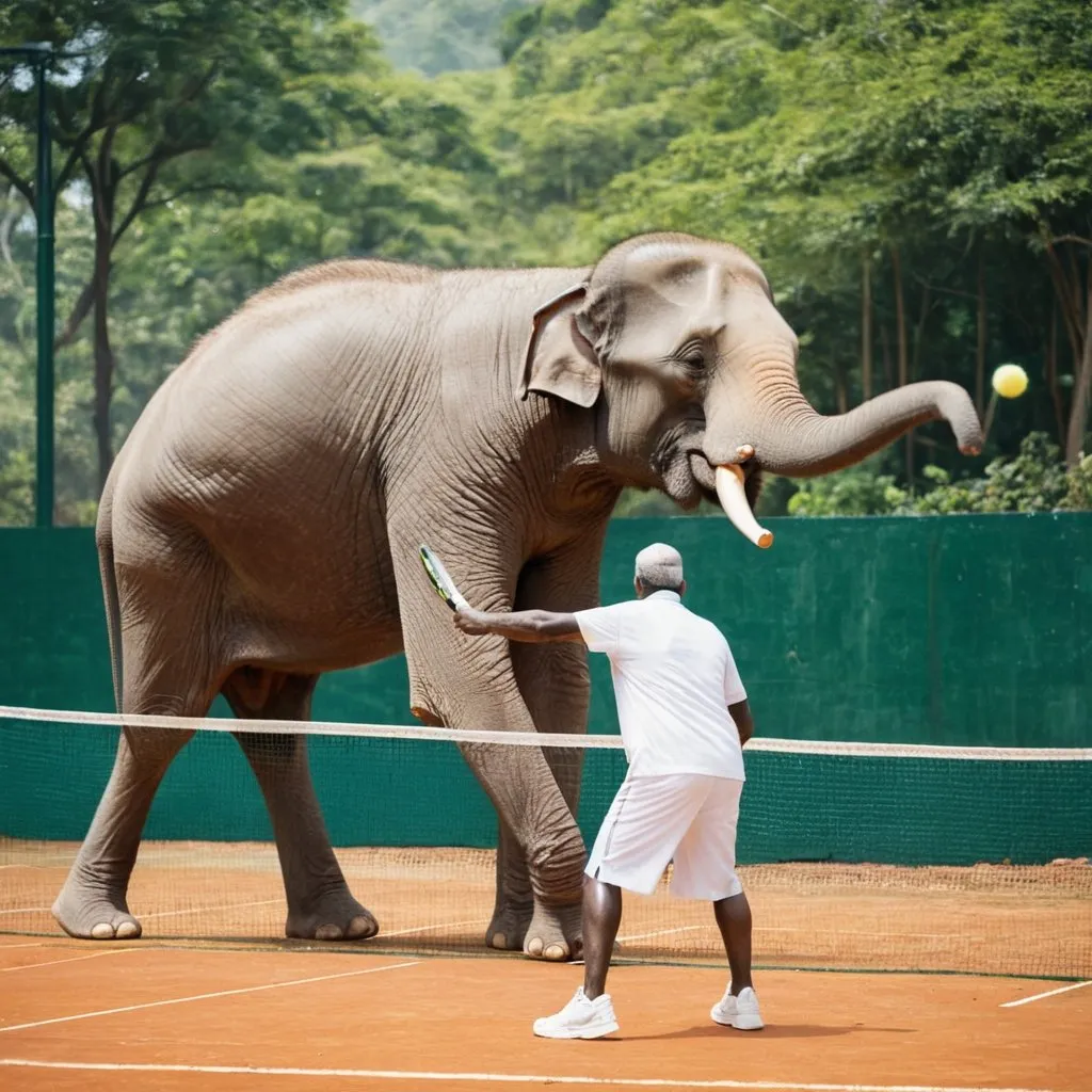 Prompt: A man playing tennis with an elephant
