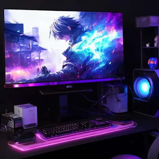 Prompt: Gaming computer set up anime based photo realistic colorful 