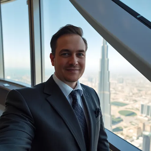 Prompt: my picture of a businessman in Dubai inside a tower, with a view of the Burj Khalifa, wearing a suit, without any changes to the face