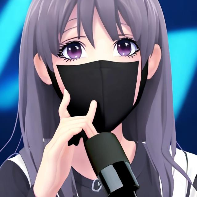 Prompt: An anime idol girl singing with a black mask covering her nose and mouth 