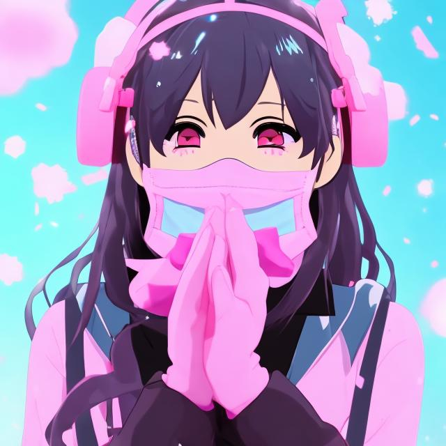 Prompt: Anime idol girl singing with a pink dust mask covering her nose and mouth