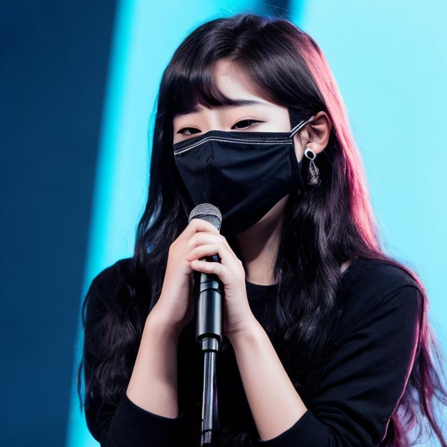 Prompt: A K-pop girl singing with a black mask covering her nose and mouth 