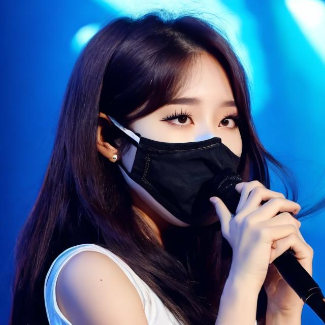 Prompt: A K-pop girl singing with a black mask covering her nose and mouth 