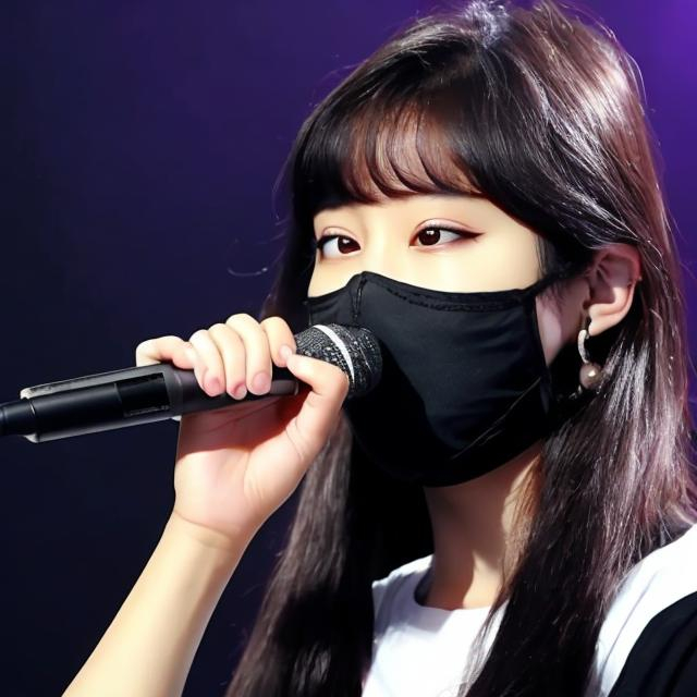 Prompt: A K-pop girl singing with a black mask covering her nose and mouth 