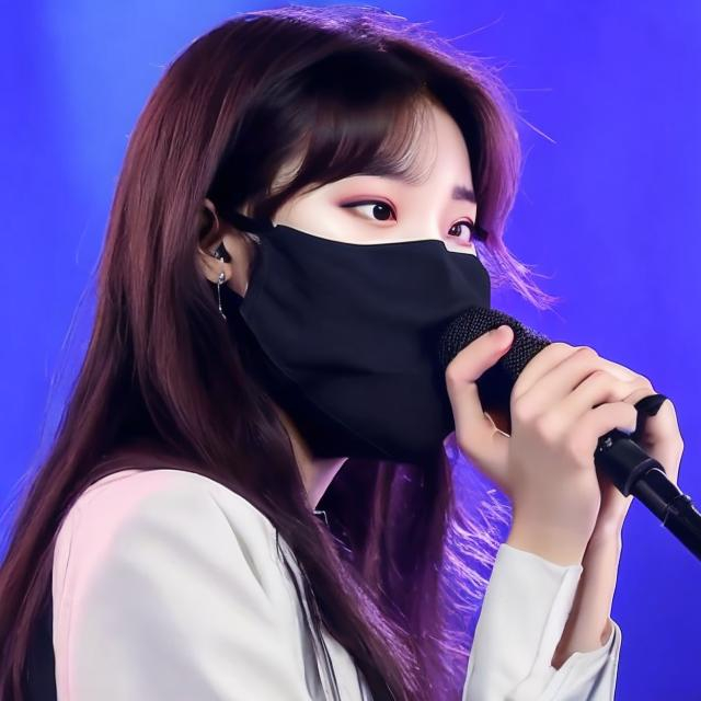 Prompt: A K-pop girl singing with a black mask covering her nose and mouth 