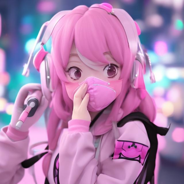 Prompt: Anime idol girl singing with a pink dust mask covering her nose and mouth