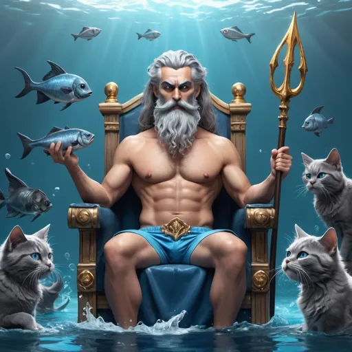 Prompt: create a realistic picture where Hades is the God of the sea in the ocean, pumped up, with long gray hair, mustache and long beard, with a trident in his hands, sitting on his throne. A gray kitten in a blue swimming trunks is sitting next to it and is happy, playing with fish