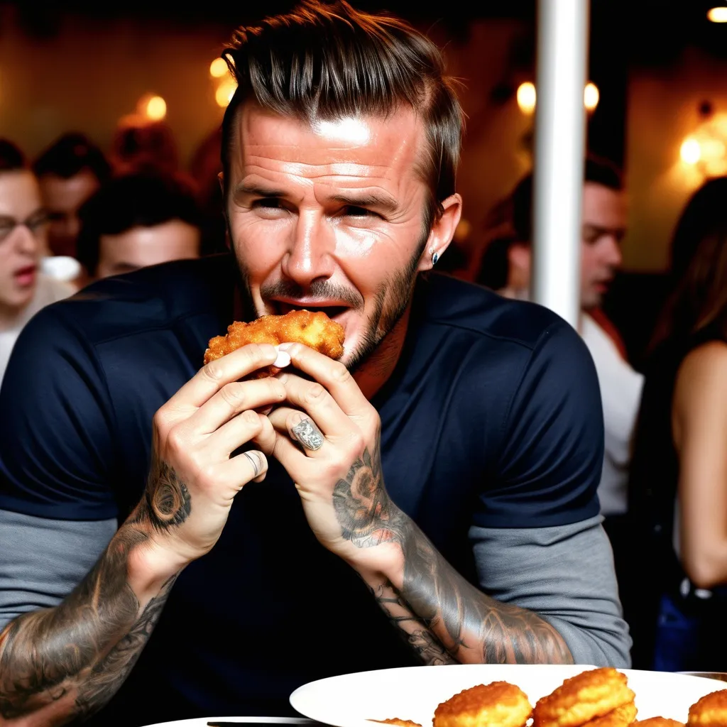 Prompt: David beckham is eating fritters in a crowded restaurant while crying because he lost his wallet.