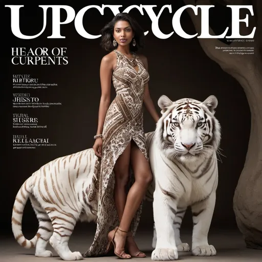 Prompt: A fashion magazine cover with the title "Upcycleluxe" and below it is written in white letters, the text " Harbor of Whispering Currents " featuring an attractive real woman wearing a dress walking next to her pet White tiger. The model has Indian features and a brown skin tone. She poses for the camera in full length. Her posture exudes confidence and elegance. The background behind them is simple yet elegant. The overall tone of the photograph conveys luxury and sophistication