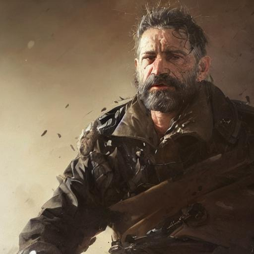 Prompt: Portrait of a grizzled commander  with black hair and with rough face, sitting in a chair, perfect composition, hyperrealistic, super detailed, 8k, high quality, trending art, trending on artstation, sharp focus, studio photo, intricate details, highly detailed, by greg rutkowski