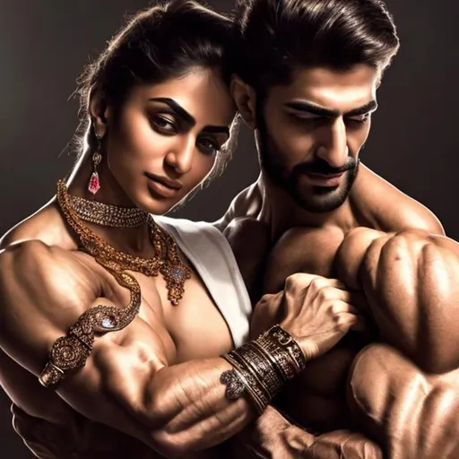 Prompt: A hyperrealistic detailed Iranian cute muscular woman and man love, biceps jewelry, royal background