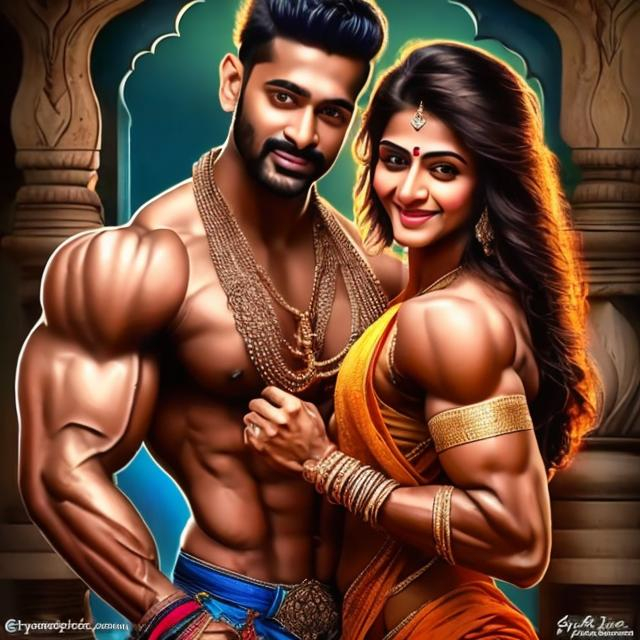 Prompt: A hyperrealistic detailed Indian cute muscular woman and man love, biceps, chest, jewelry, royal background