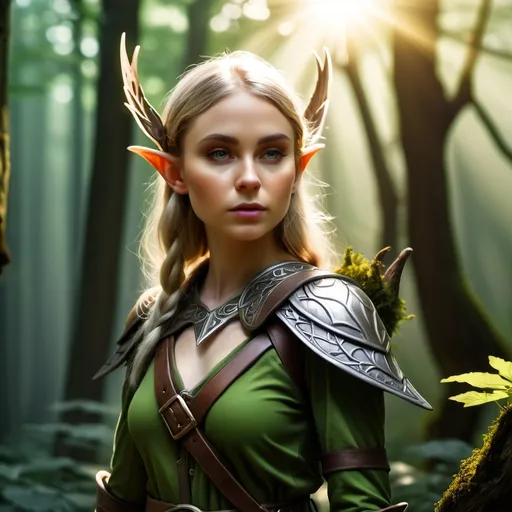 Prompt: Elf ranger in a mystical forest around sunlight