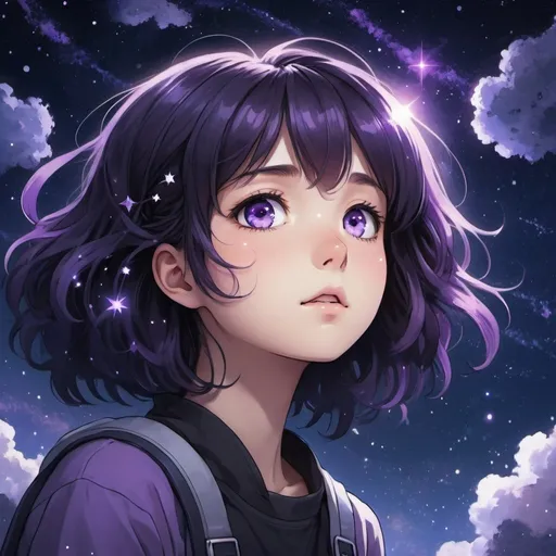 Prompt: Anime girl looking upwards towards cosmic sky, her hair is black, eyes are violet, dreamy style. Stars are falling.