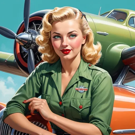 Prompt: buxom blonde hair green eyes woman dressed like a mechanic from the 1940s and working on a car
drawn like aircraft nose art