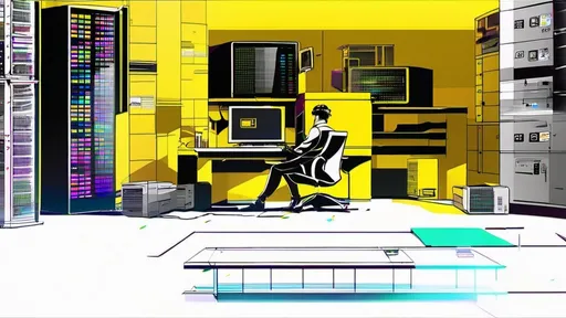 Prompt: a man sitting at a desk in front of a computer server in a room with yellow walls and a yellow background, Beeple, les automatistes, photo, computer graphics