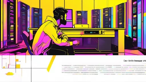 Prompt: a man sitting at a desk in front of a computer server in a room with yellow walls and a yellow background, Beeple, les automatistes, photo, computer graphics