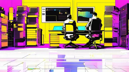 Prompt: a man sitting at a desk in front of a computer server in a room with yellow walls and a yellow background, Beeple, les automatistes, photo, computer graphics