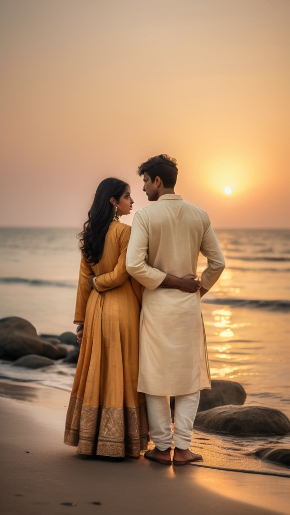 Prompt: A young Indian couple stands by the seaside at sunset, admiring the breathtaking view. The man wears a traditional Kurta, while the woman is dressed in an elegant Salwar Kameez. As the golden hues of the setting sun cast a warm glow upon them, she gently rests her head on his shoulder, conveying a silent promise of lifelong devotion. 