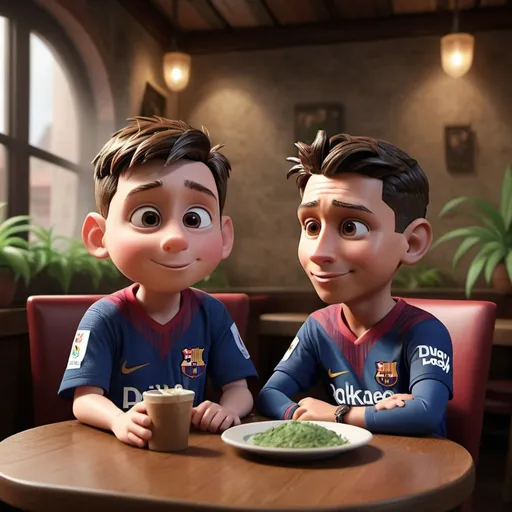 Prompt: little Lionel Messi and little Cristiano Ronaldo sitting high on marijuana in a restaurant, 3 d animated movie, animated film, 3 d animation demo reel, photorealistic disney, beautiful render, cinematic shot!, weta disney, 3d magical details, disney 2d animation still, animation film, pixar renderman render, in style of disney animation