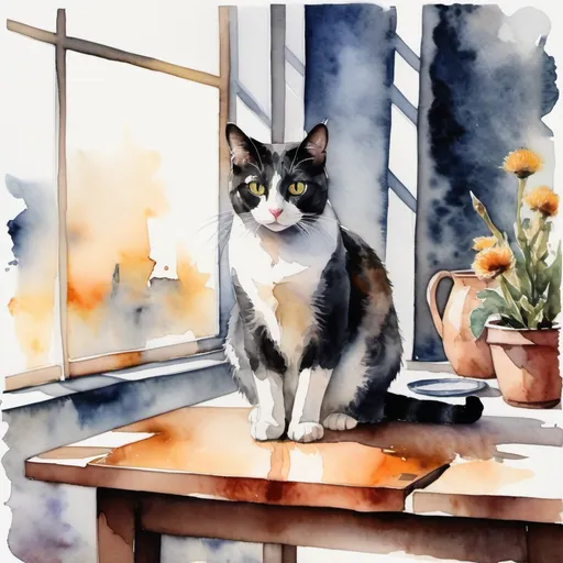 Prompt: A cat sitting on a table watercolor