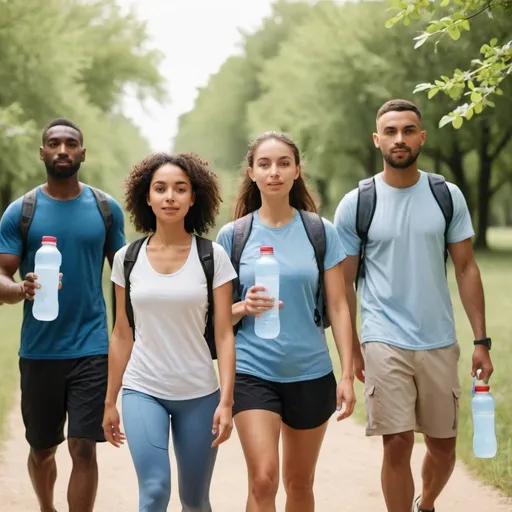 Prompt: show women and men of different ethnicity walking outdoors and staying hydrated
