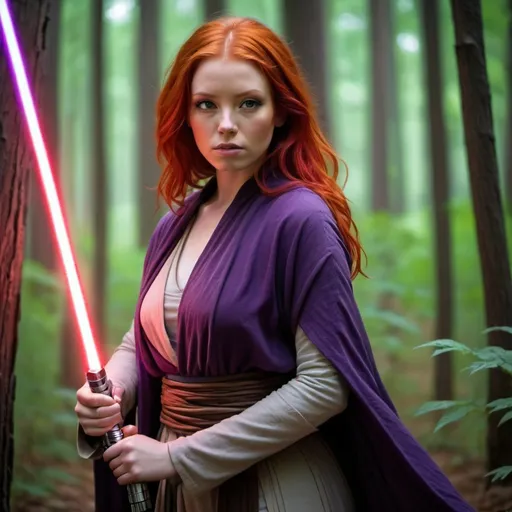 Prompt: Female Jedi with red hair like fire, built curvy and beautiful. Stand again the forest of purple trees. Her light saber held out in front beaconing her emmany forword