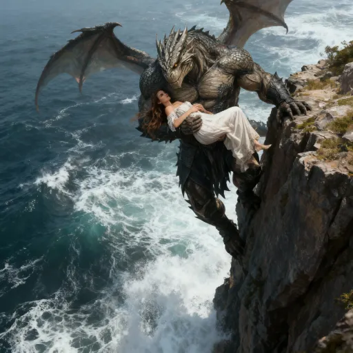 Prompt: creature carrying the beautiful woman  in his arms as he climbs up the side of a  rocky cliff.  They are high up and the ocean is roaring below.