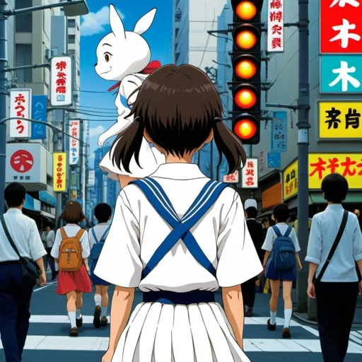 Prompt: An anime girl seen from behind, wearing a white sailor uniform, standing in front of a pedestrian traffic light in a busy Tokyo-style city, with people around her. Do it studio ghibli style