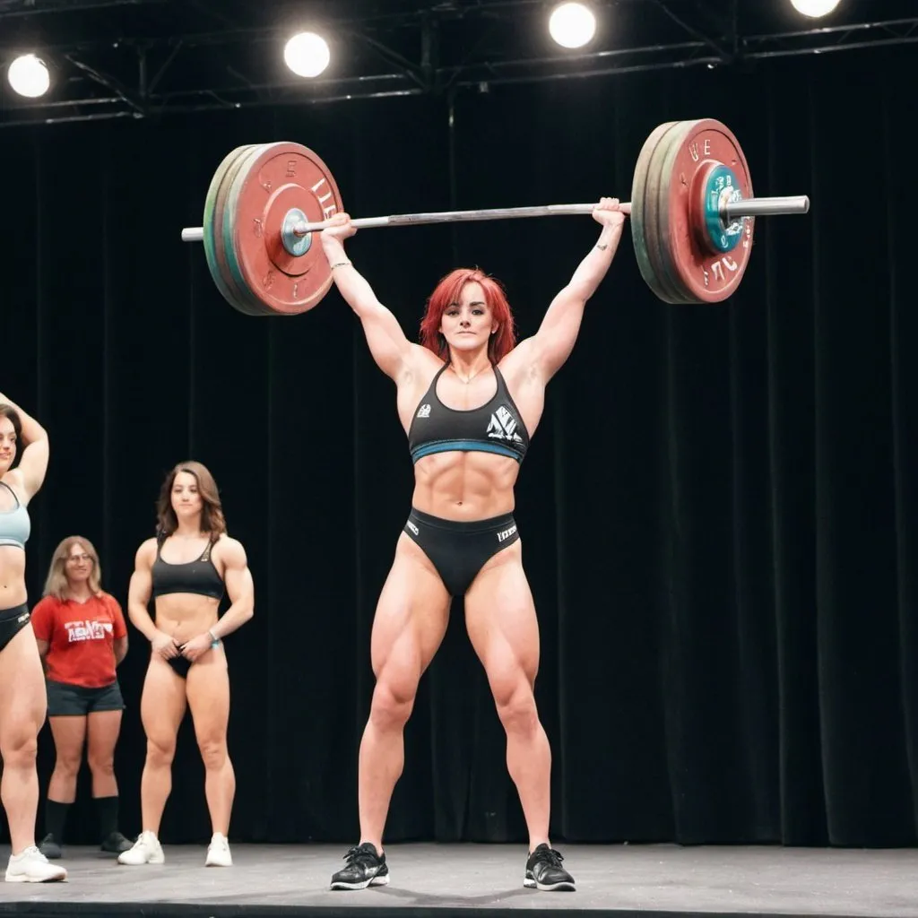 Prompt: billie eillish doing a clean and jerk on stage in front of her fans