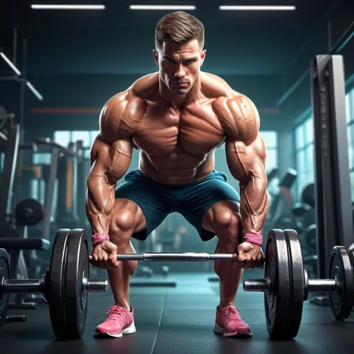 Prompt: High-quality digital illustration of a fitness enthusiast lifting weights, realistic textures with vivid colors, gym background with modern equipment, muscular physique with defined muscles, intense focus and determination, dramatic lighting and shadows, highres, ultra-detailed, digital illustration, realistic, gym, muscular physique, intense focus, dramatic lighting, modern equipment, vivid colors