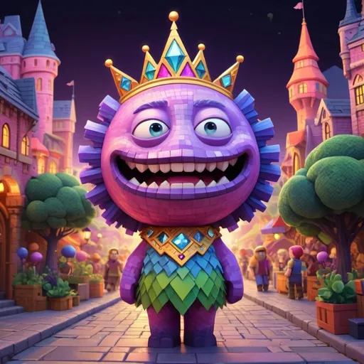 Prompt: High quality cartoon illustration of a fantastic bleyui with long teeth, wearing two thrones on its head, pink and blue with diamond pearl, green with violet dress, orange and black, indigo and purple, maroon yellow, emitting huge laughter, 15 by 5 cartoon, Minecraft style, vibrant colors, fantastical setting, exaggerated features, detailed textures, colorful and playful, cartoon style, high details, whimsical lighting