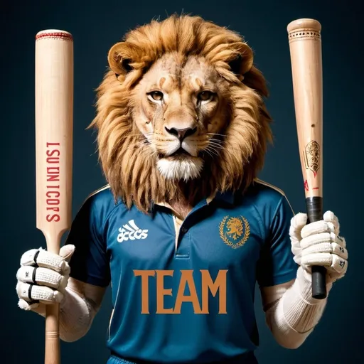 Prompt: A lion wearing full cricket gear standing up straight and holding a cricket bat with the words”TEAM LIONS” written in the background in a gothic font