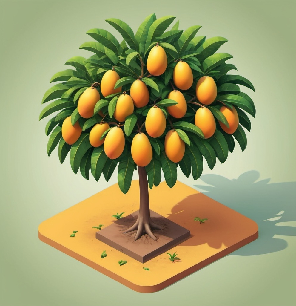 Prompt: Create an isometric illustration featuring only a mango tree growing on a small plot of land. The mango tree should be shown in a detailed isometric view, with its lush green leaves and ripe mangoes clearly visible. The plot of land should be a simple, flat square or rectangle with minimal detail, just enough to indicate the ground. The illustration should have a plain, solid color background with no additional elements or scenery. The focus should be entirely on the mango tree and the plot of land