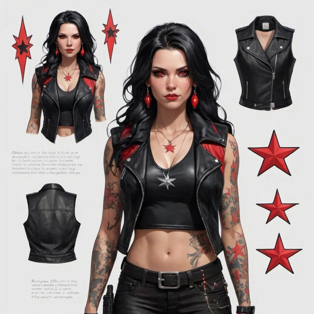 Prompt: Character design sheet woman black-long hair black leather vest with red accents, star, tattoos