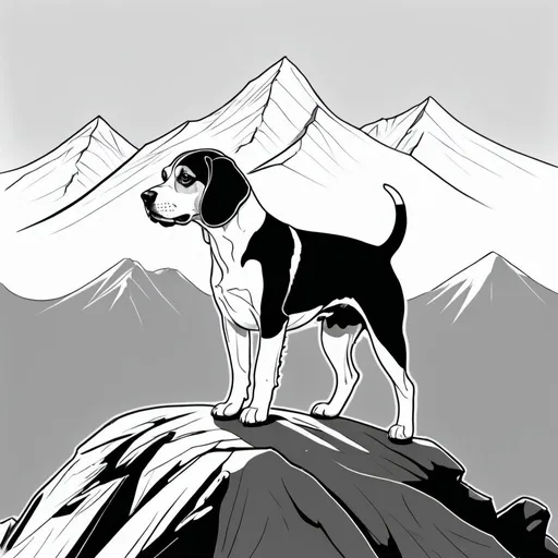 Prompt: A simple black and white line art drawing of a beagle on a mountain without a lot of details 