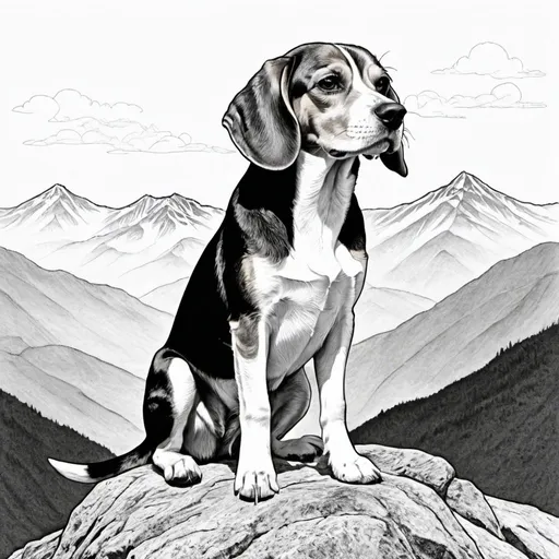 Prompt: A black and white line art drawing of a beagle on a mountain 