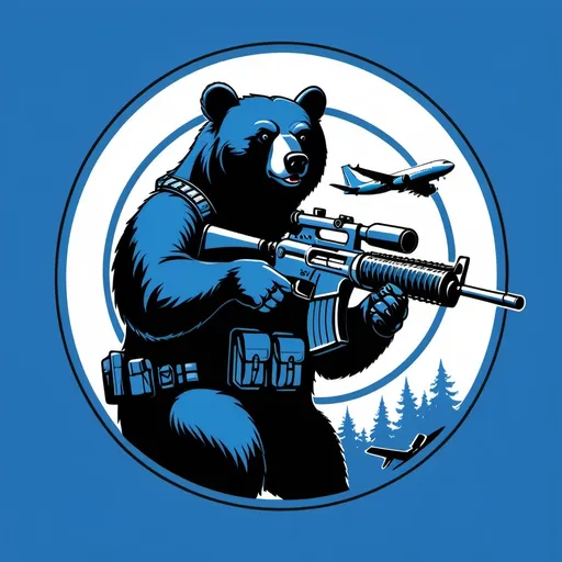 Prompt: blue logo of a black bear shooting a machinegun and trowing a grenade an a plane in the background