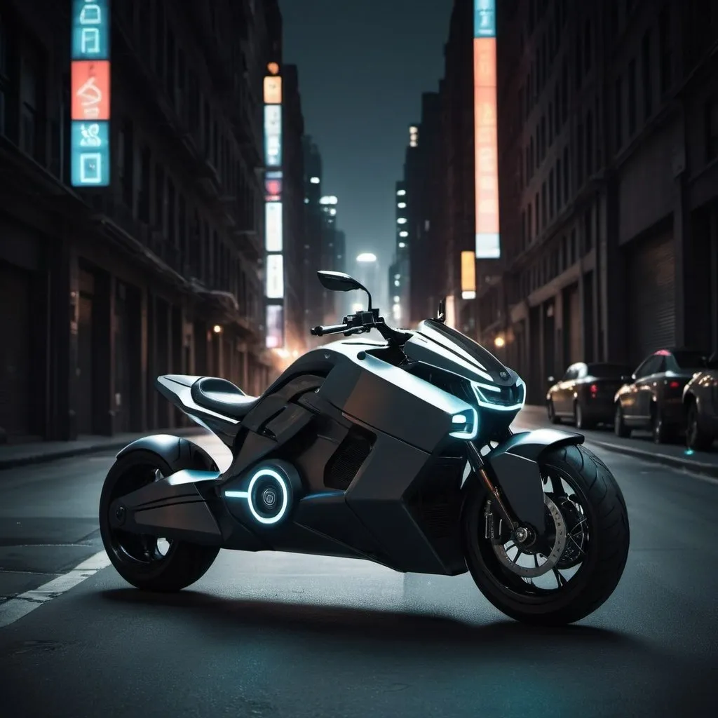 Prompt: futuristic motorcycle in a dark street on a very urban landscape that looks like New York
