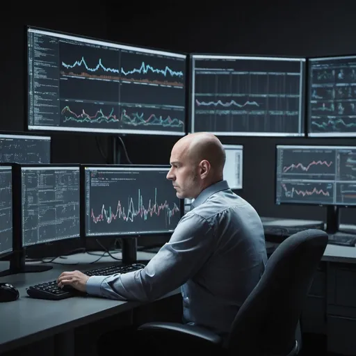 Prompt: a middle age bald man that looks like an it, expert working in a workstation with three monitors showing multiple  graphs and multiple terminal windows