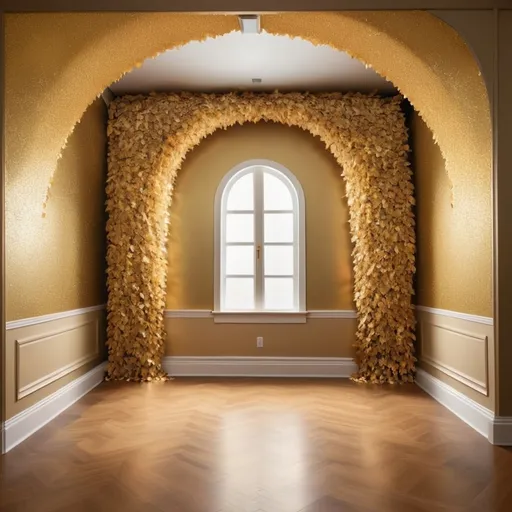 Prompt: A room with gold sparkle walls and an archway of leaves in the center, with a wood floor