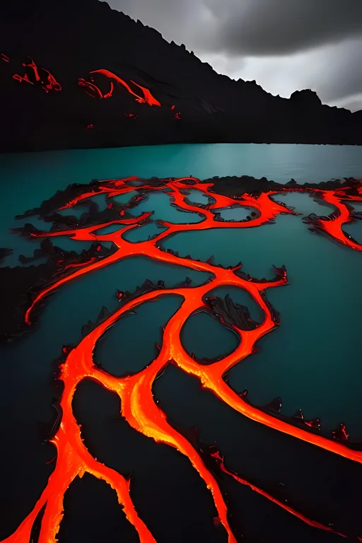 Prompt: Lava lake next to water using the colours Black Red Orange Grey