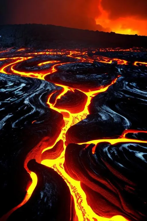 Prompt: Beautiful lava rivers underneath crowded over rain. Facing 10 degrees down. With mountain