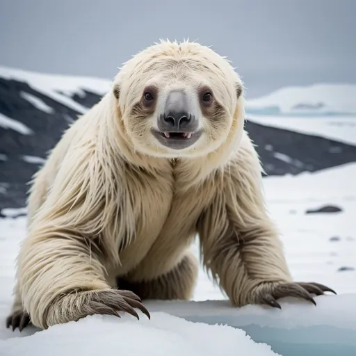 Prompt: Three-Toed Sloth mixed with Polar Bear, living in antartica. White fur, fat, long claws, wolf snout, weighing 150 kg eating plants