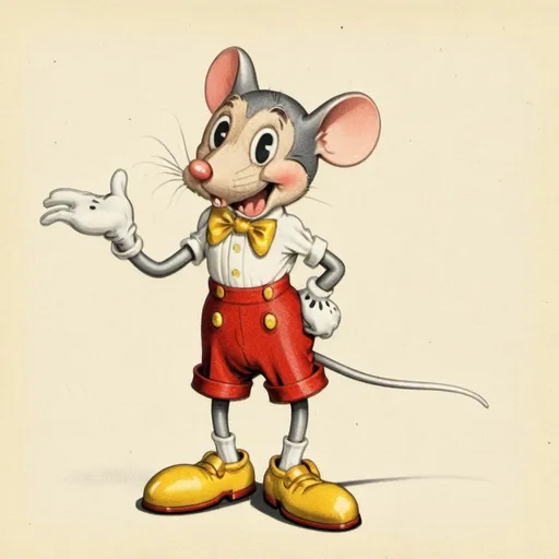 Prompt: 1930s rubberhose style illustration of the anthropomorphic mouse, wearing white gloves and red shorts with two gold buttons and yellow shoes