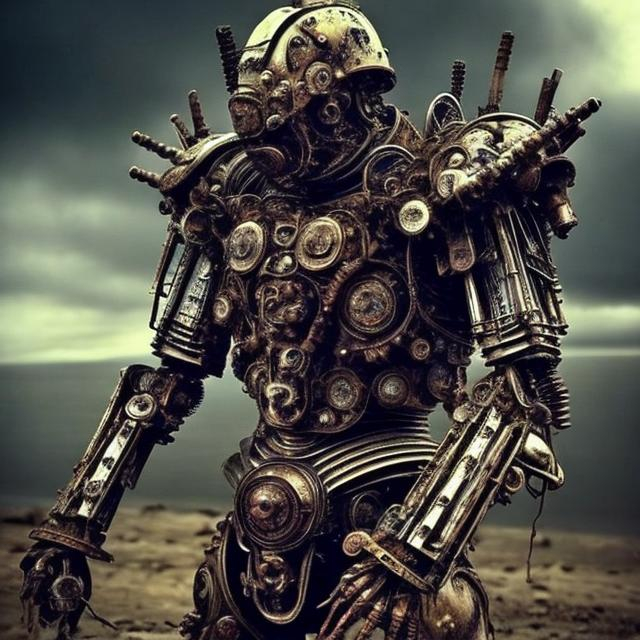 Prompt: Armour, bizarre, fantastical, mechanical, trauma, vitality, strength, perseverance, weakness, inside the mind, spirit, alive