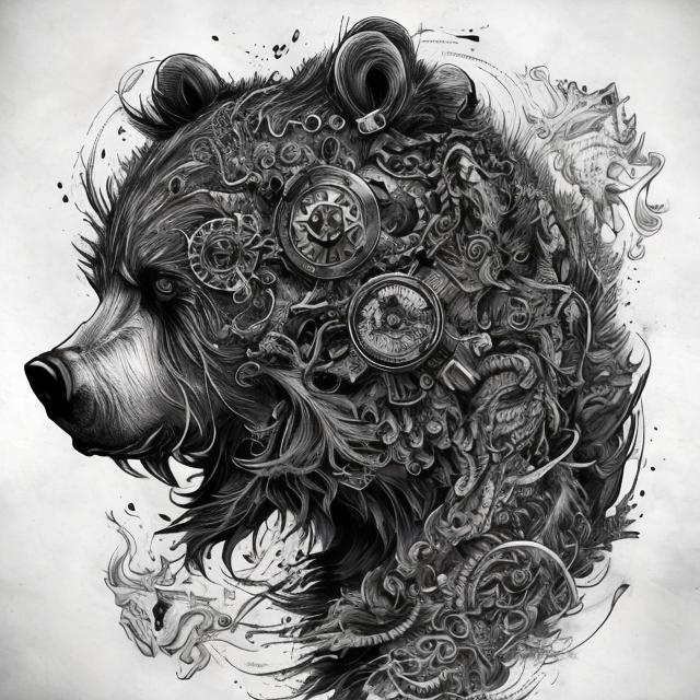 Prompt: Chaotic Mind map, tattoo style, insanely detailed, stoic bear