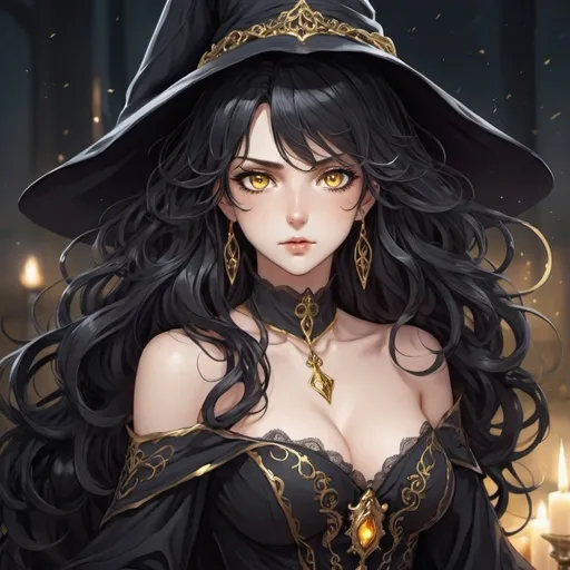 Prompt: anime, woman, detailed, black long wavy hair, golden eyes, cold and aloof personality, ethernal beautiful witch