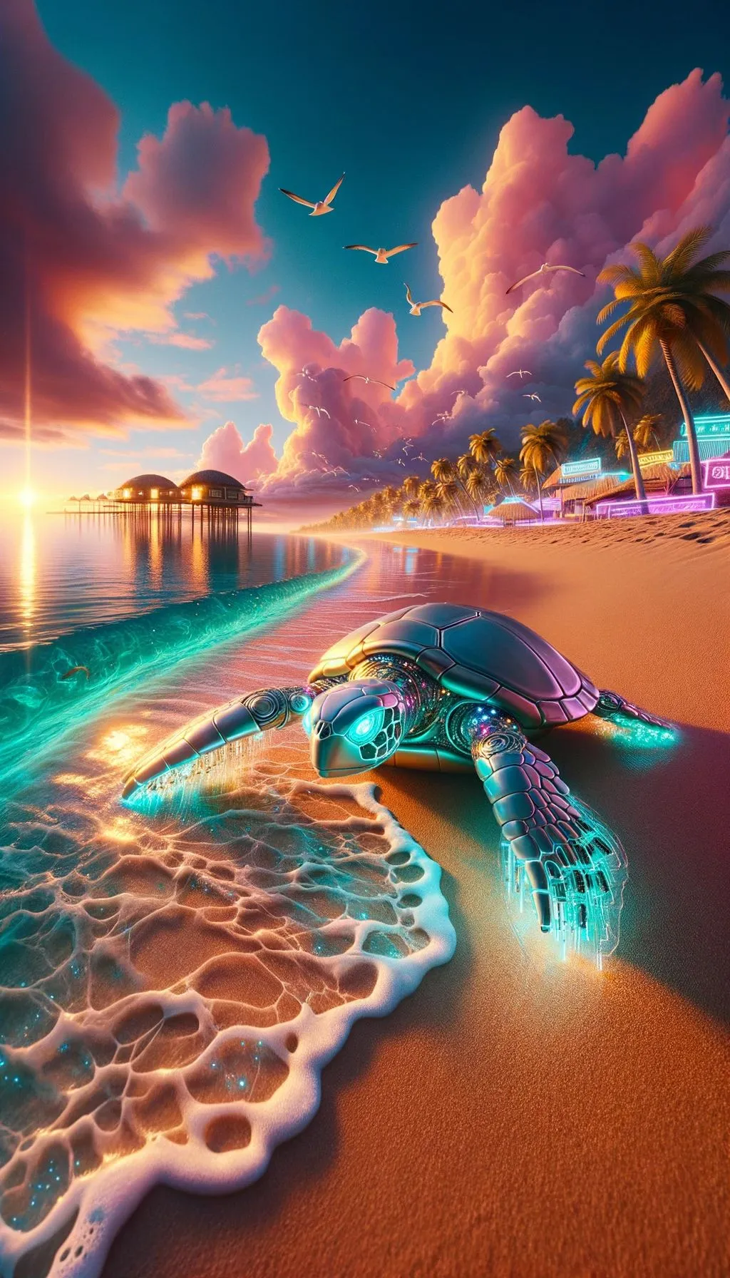 Prompt: A photograph of a digital tropical beach under a radiant sunset. The sand, with its warm golden tones, meets the turquoise waters. Emerging from the shoreline, a robotic turtle with luminescent sapphire eyes makes its way to the ocean, leaving behind intricate tracks. Surrounding it, holographic palm trees sway, and digital seagulls fly overhead. In the sky, clouds are painted in shades of pink, orange, and purple, and a sign labeled 'Future Tropics' hangs from a cloud. In the distance, a futuristic resort with glowing cabanas can be seen. The shot is a detailed close-up of the turtle, capturing its metallic texture, with the beach and resort providing depth, making the turtle the captivating focal point.